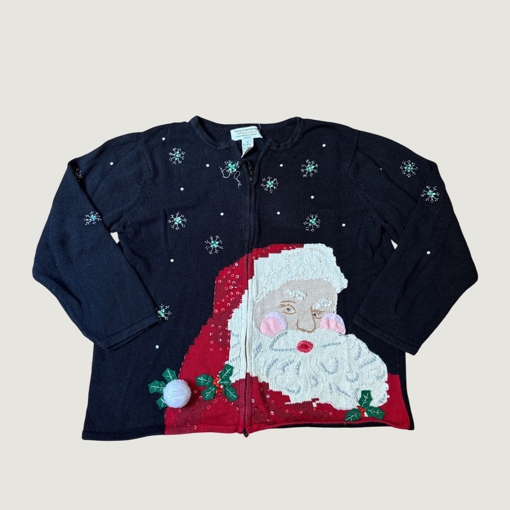 Tiara International Christmas Sweater Women Black Santa Full Zip Vintage SIZE 3X